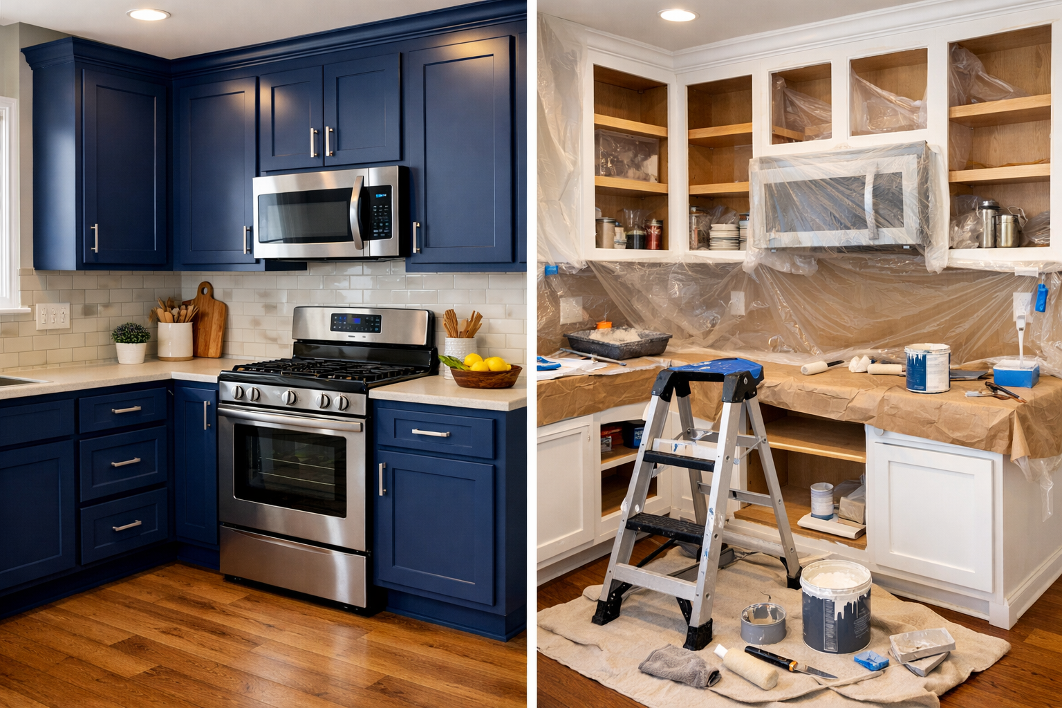 Before and after comparison of a kitchen featuring deep navy blue painted cabinets and modern hardware in Sioux City by Painting Pros.