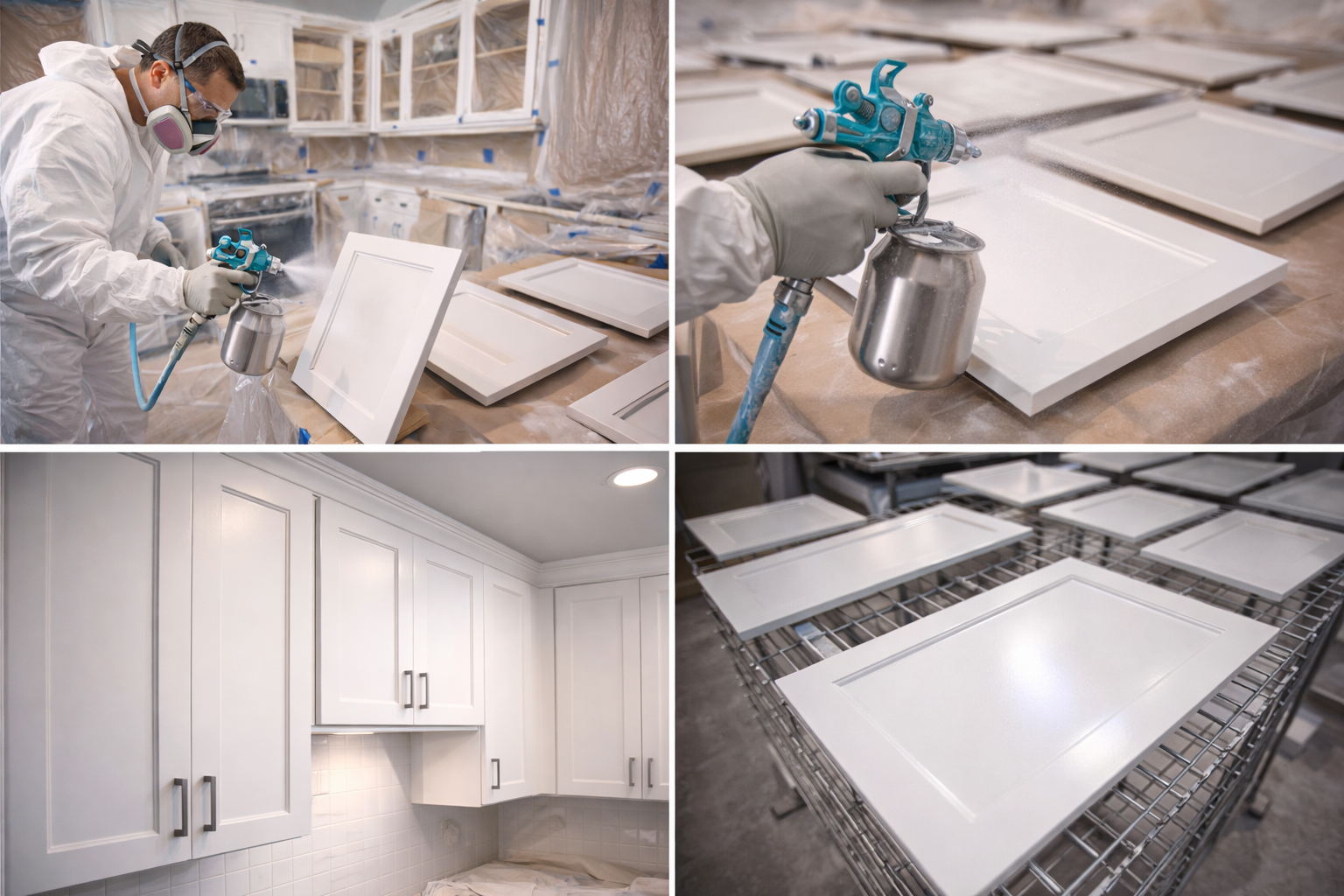 Man spray painting kitchen cabinet doors in a workshop