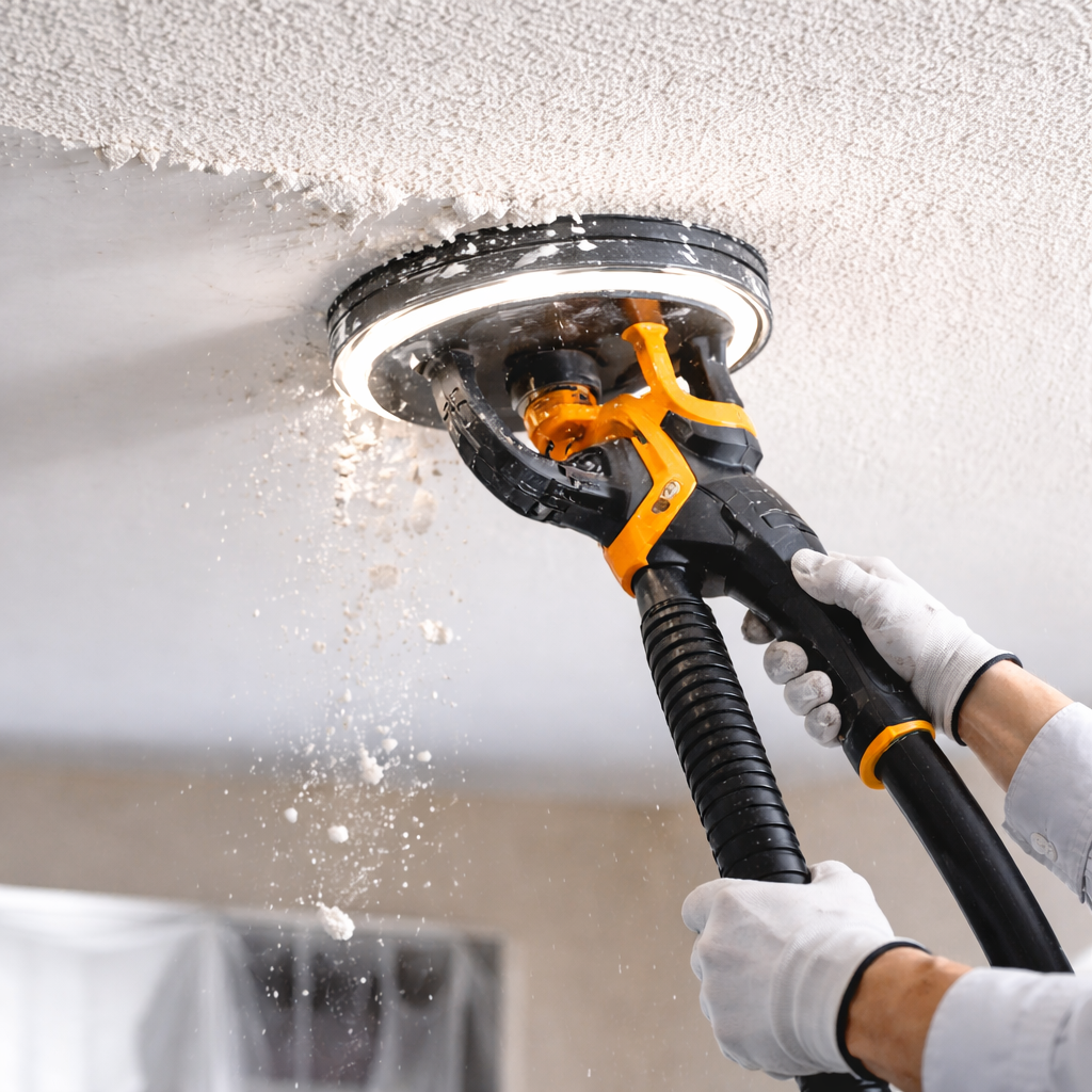 Professional tool removing popcorn ceiling texture from a residential ceiling in South Sioux City.