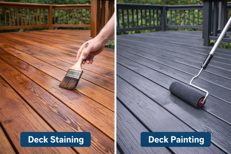 Side-by-side comparison of natural wood deck staining and solid painting in a Sergeant Bluff backyard.
